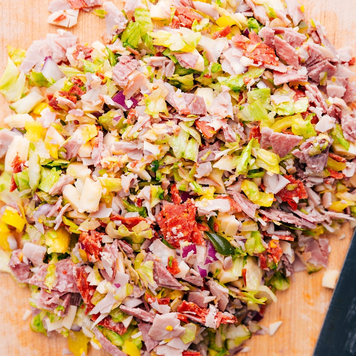 Chopped Italian Sandwich Filling Ready To Add In All the ingredients chopped super finely for this recipe.