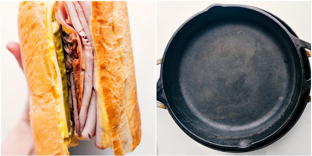 How To Make This Cuban Sandwich Recipe The sandwich being assembled and then pressed between two skillets to get the classic look and flavor.