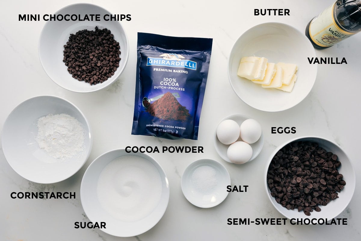 Ingredients in this recipe prepped out for easy assembly including the chocolate chips, cornstarch, sugar, cocoa powder, salt, eggs, butter, and vanilla.