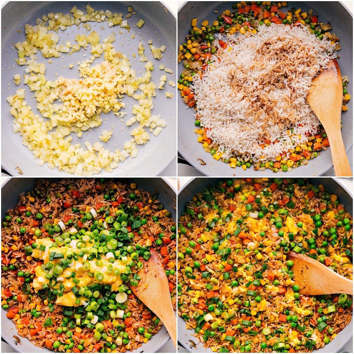 Making The Side Fried Rice For These Hibachi Steak Bowls Onion and garlic sautéed before adding rice, vegetables, eggs, and green onions to make the fried rice.