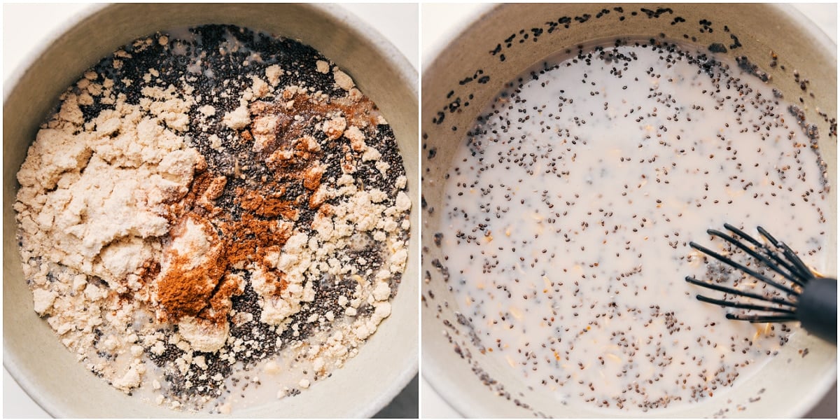 Combining and whisking the ingredients in a bowl to make protein overnight oats.