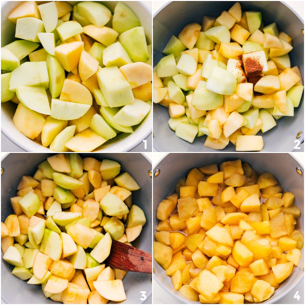 The apples peeled and chopped, then added to a large pot with cinnamon, salt, and maple syrup for this applesauce recipe.