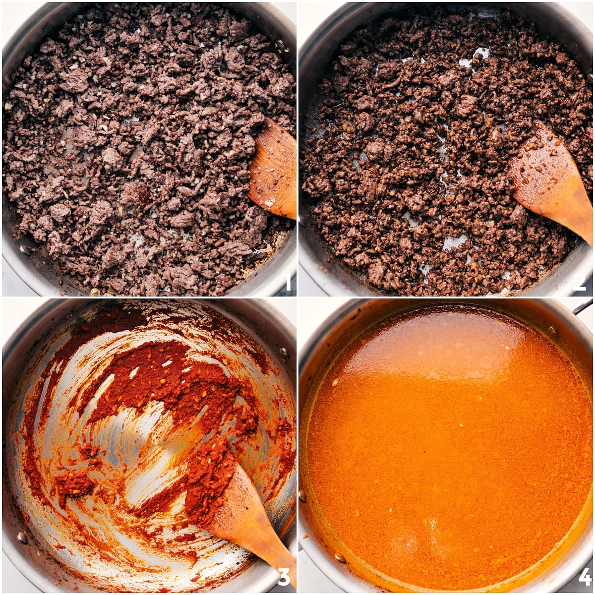 Ground beef browning in a skillet while the flavorful broth is whisked together for these Beef Broth Bowls.