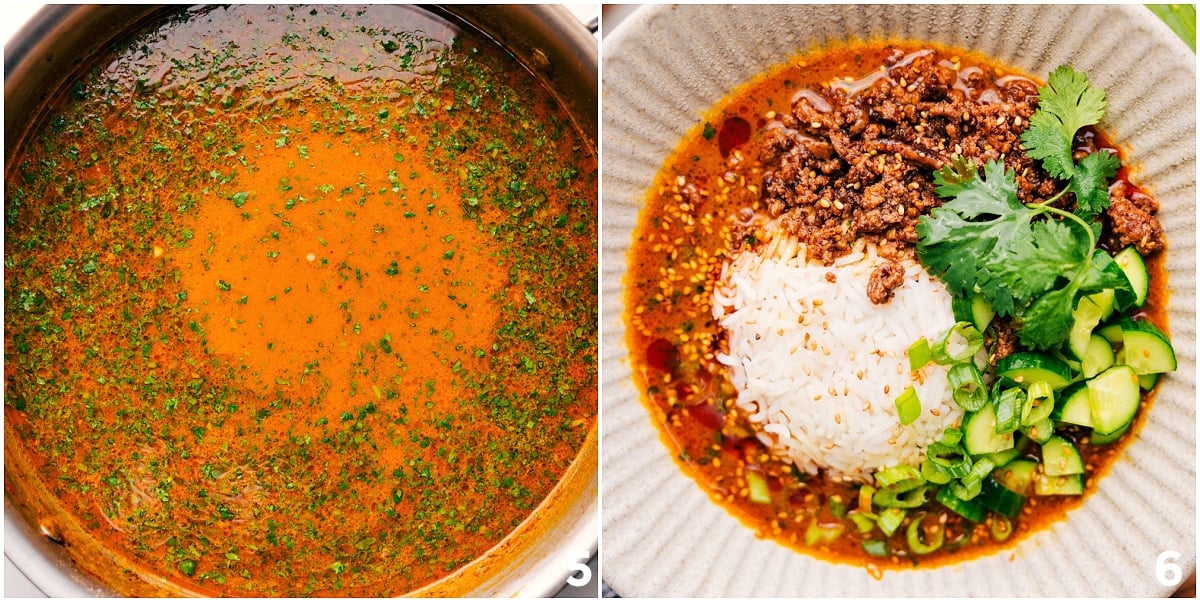 Adding rice to a bowl with the beef and broth, then topping with cucumbers, green onions, and cilantro.