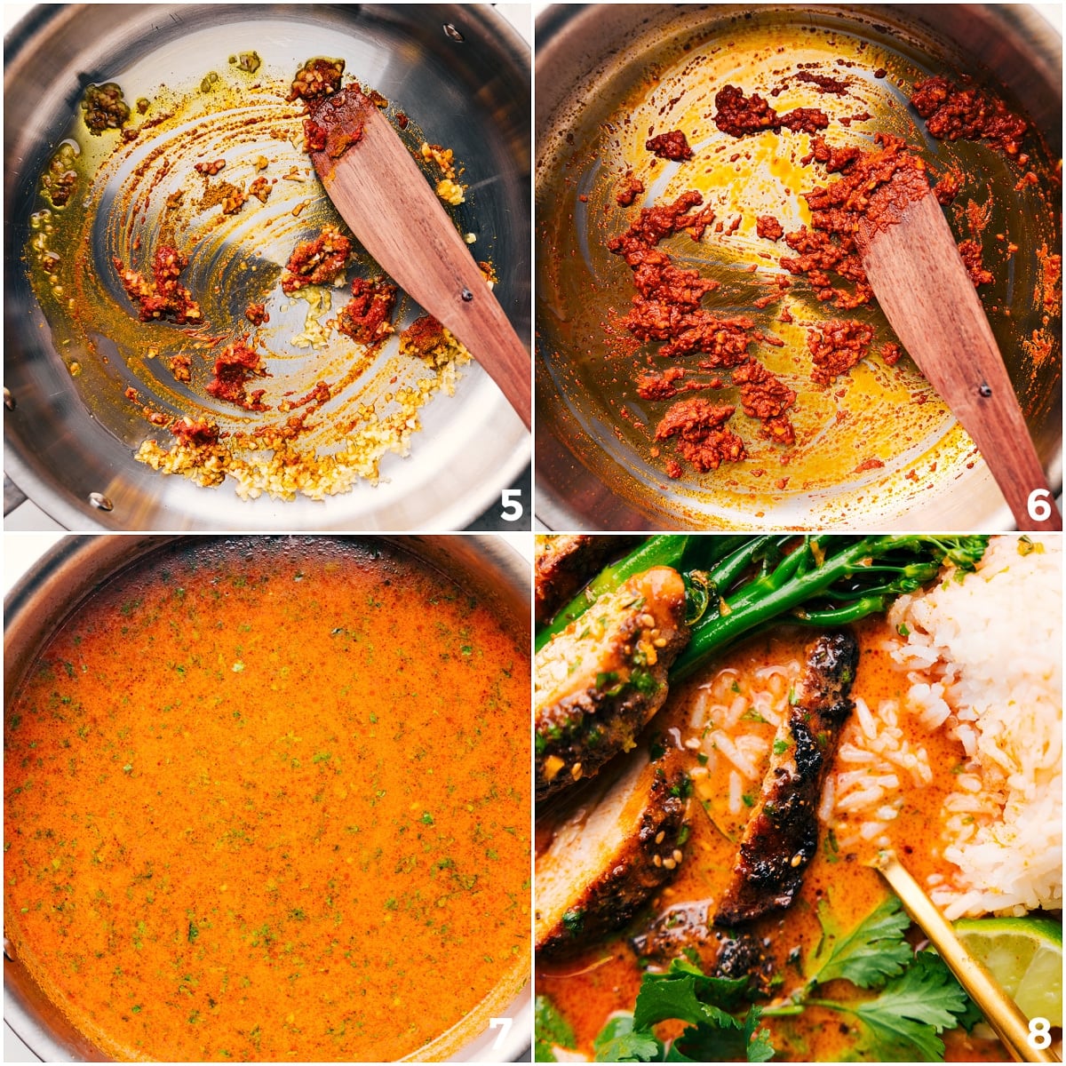 Sautéing red curry paste with garlic and ginger, adding broth, and assembling the Chicken Broth Bowls.