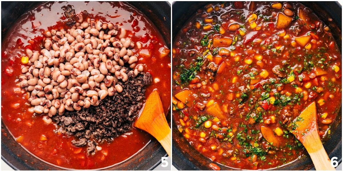 The black-eyed peas and ground beef added to the pot along with fresh herbs.