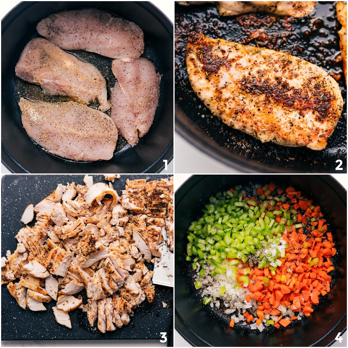 Chicken cooked through and removed from the pot to be chopped, with mirepoix added to sauté for this Creamy Chicken Soup Recipe.