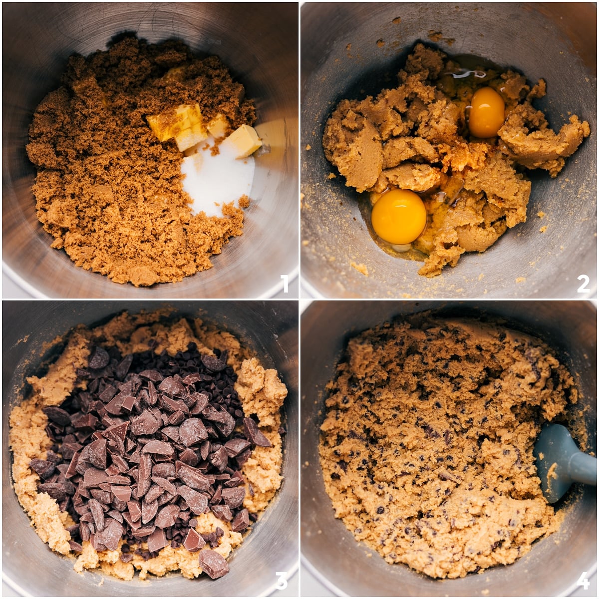 Mixing the dough by creaming together the butter and sugar, adding the eggs and dry ingredients, then folding in the mix-ins for these Kitchen Sink Cookies.