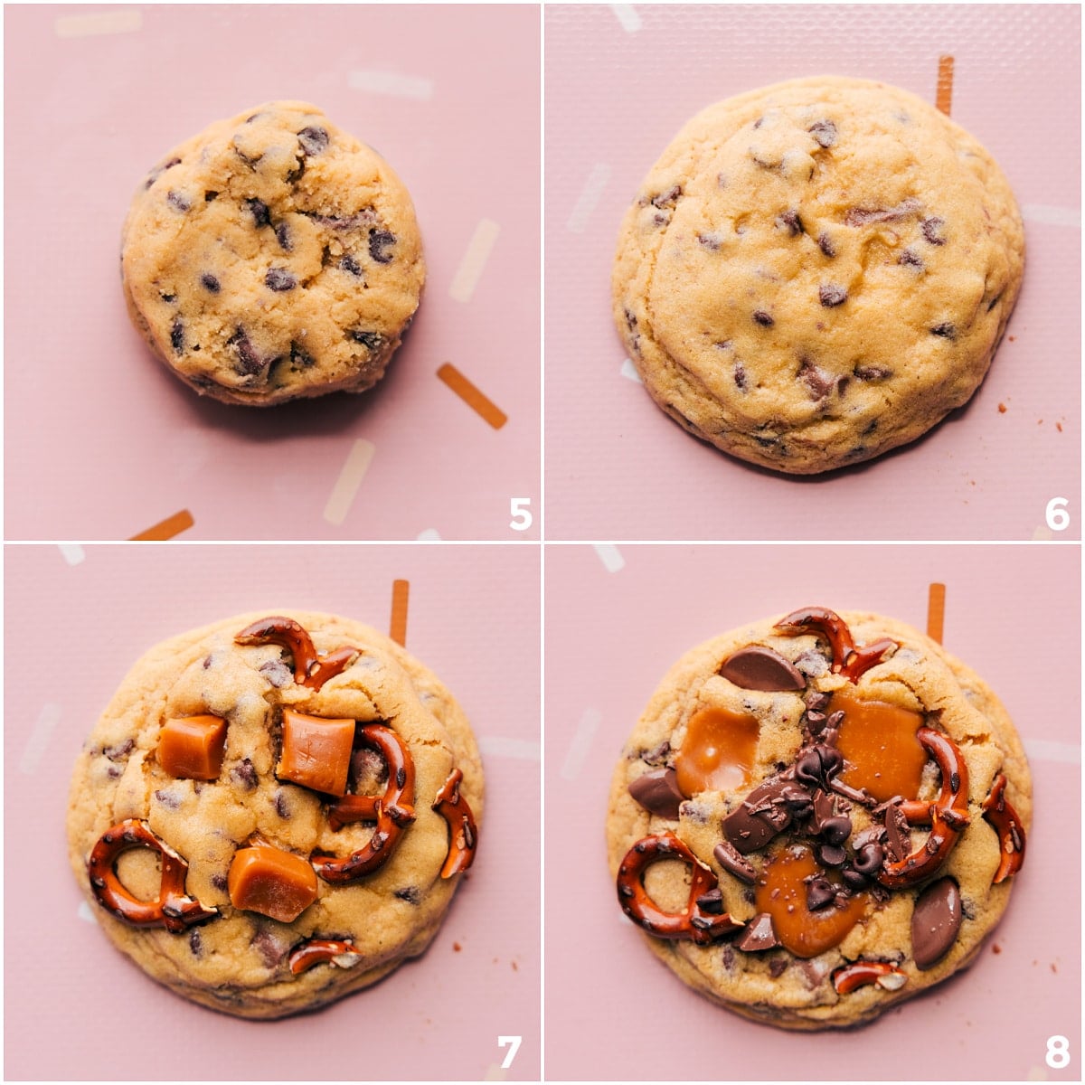 Baking up the cookies and adding in the caramel and pretzels at the end.