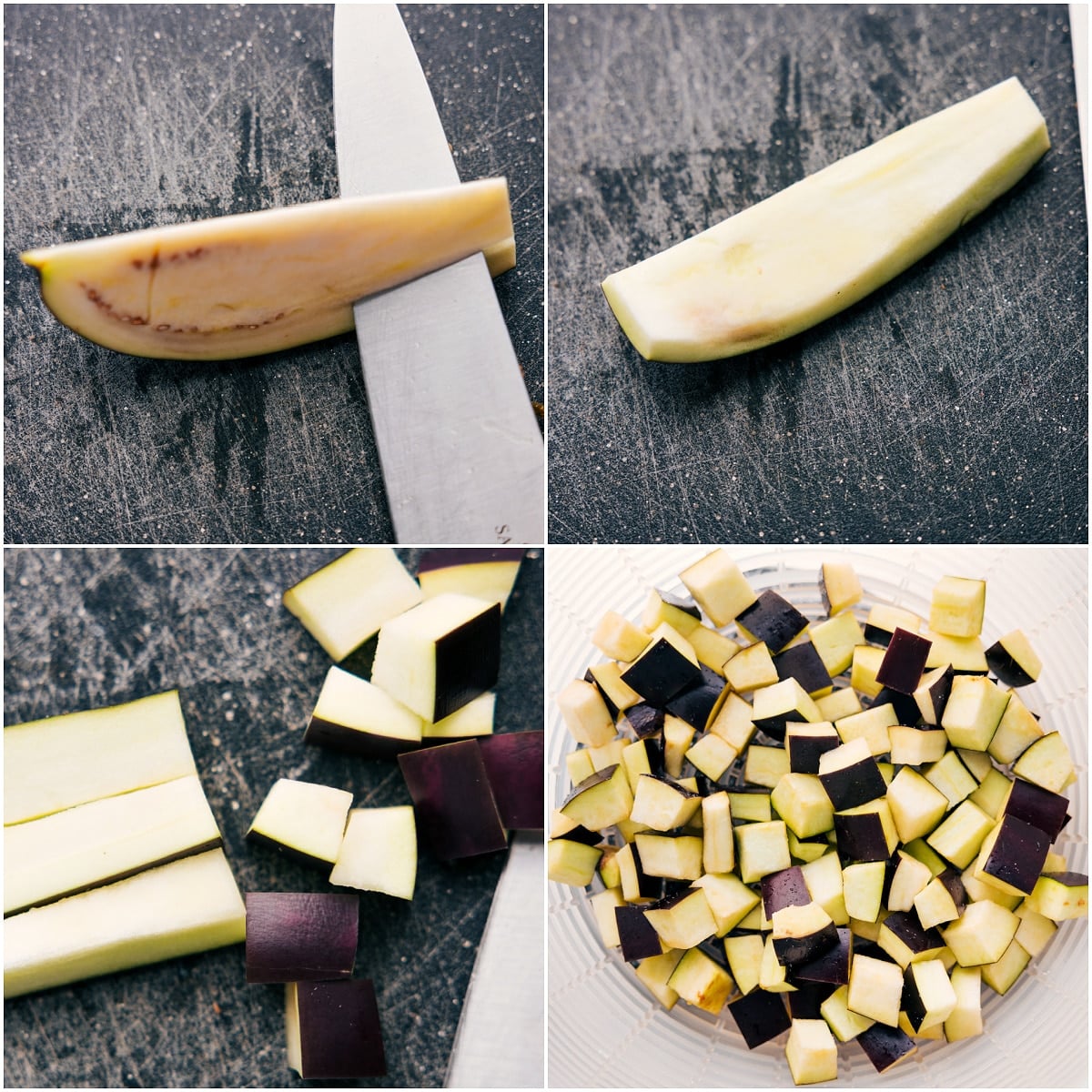 Eggplant diced into small cubes for Ratatouille Soup.