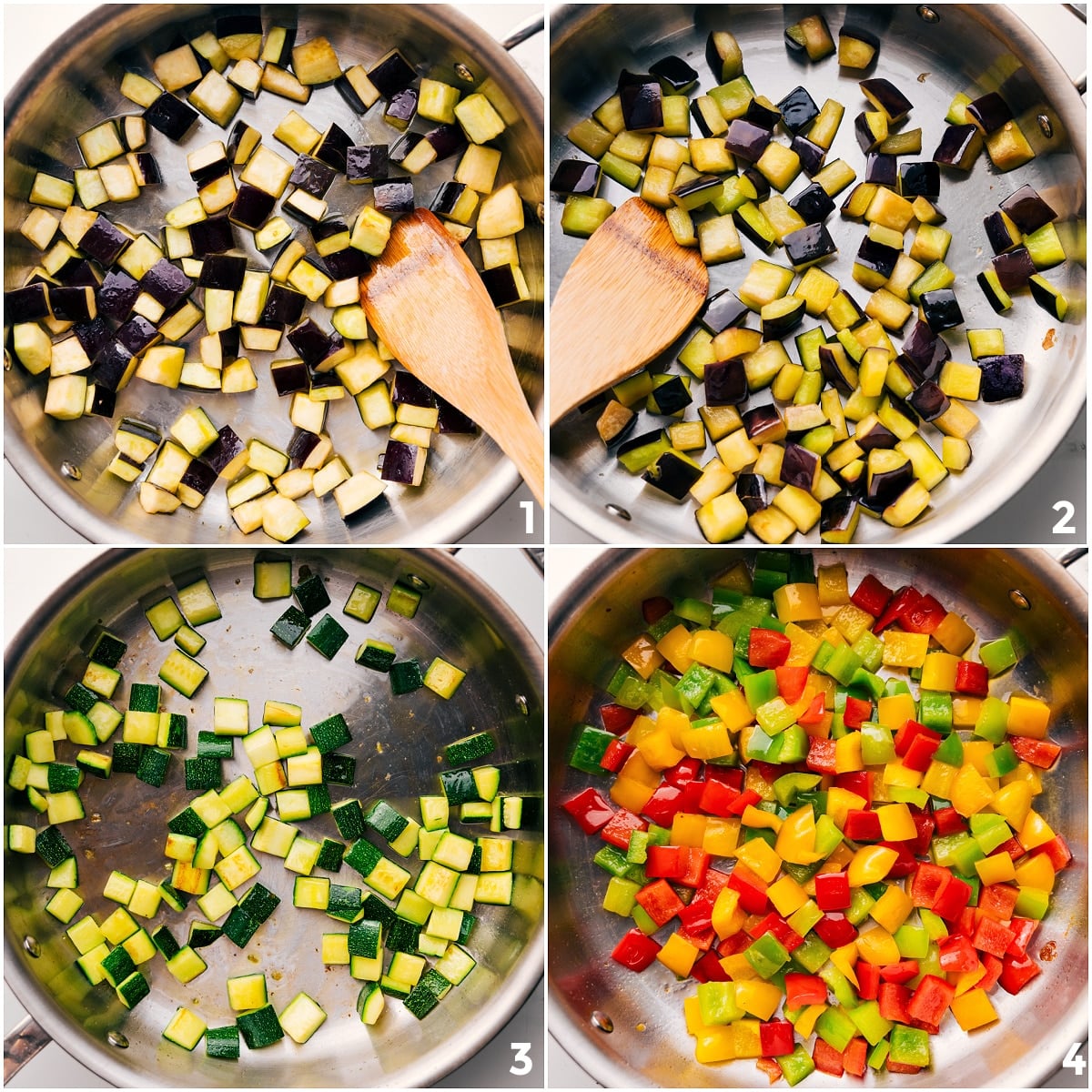 Sautéing the eggplant, zucchini, and peppers to tender perfection.