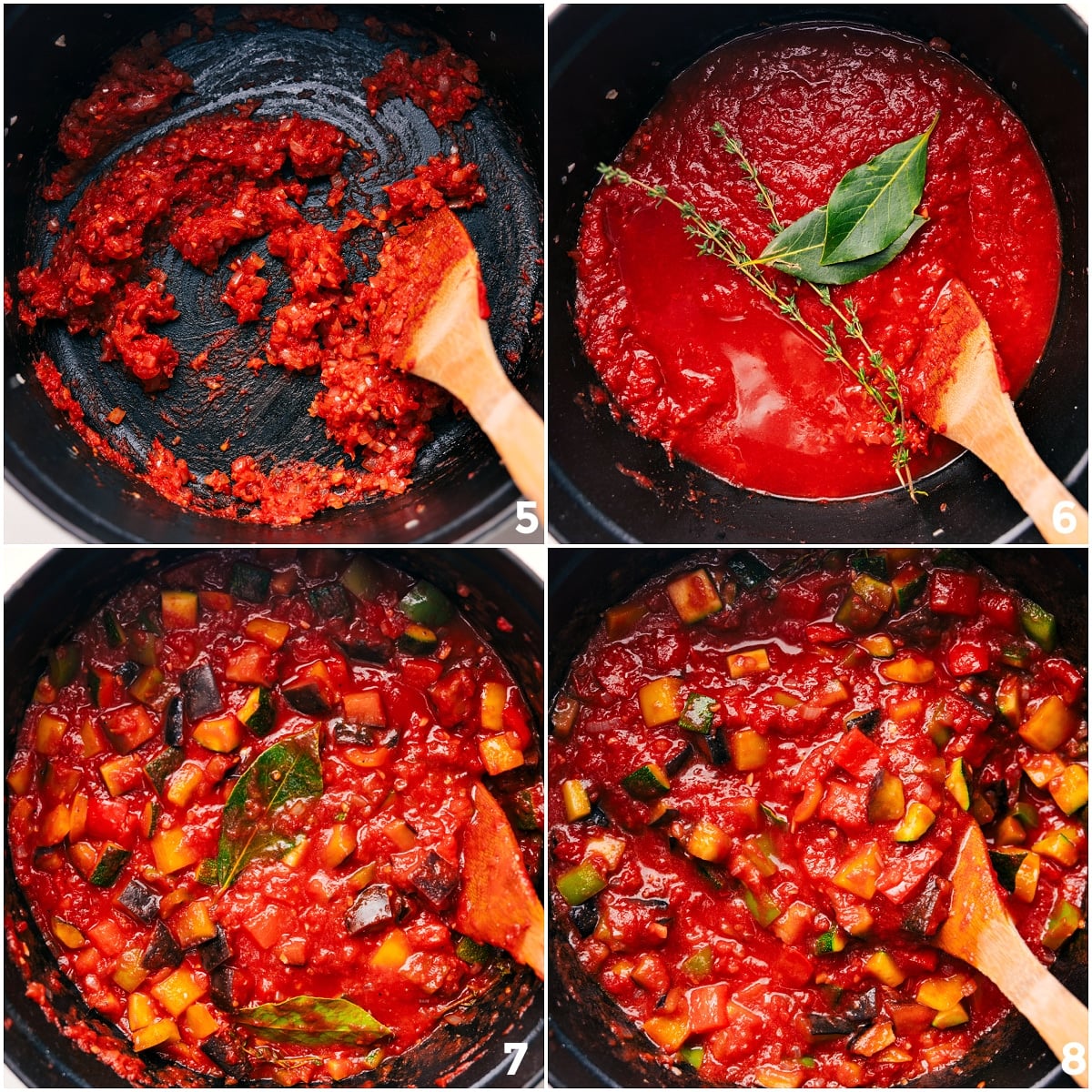 Sautéing the onions with tomato paste, then adding crushed tomatoes, vegetables, and fresh herbs for Ratatouille Soup.