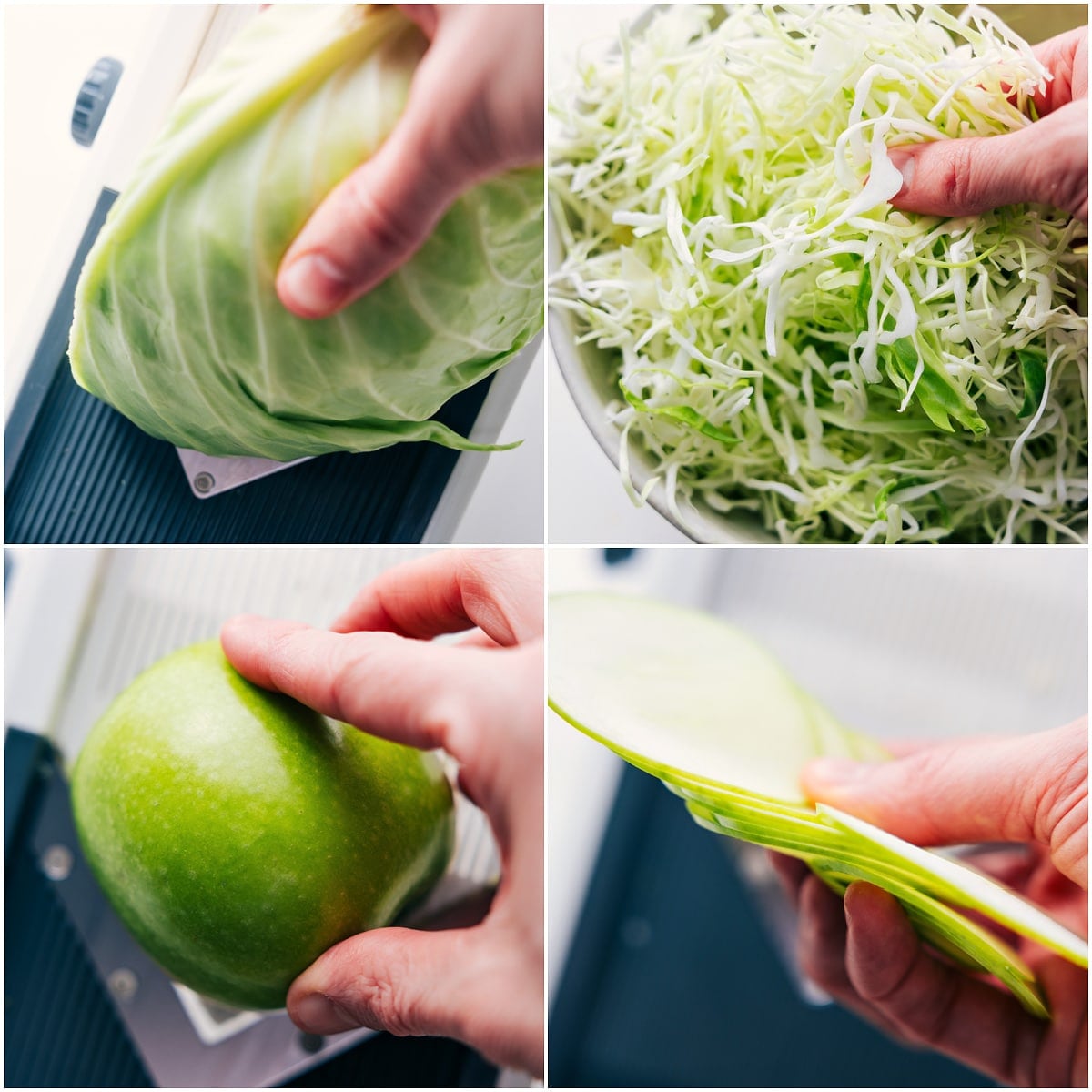 Thinly slicing the cabbage and apples for this apple fennel slaw.