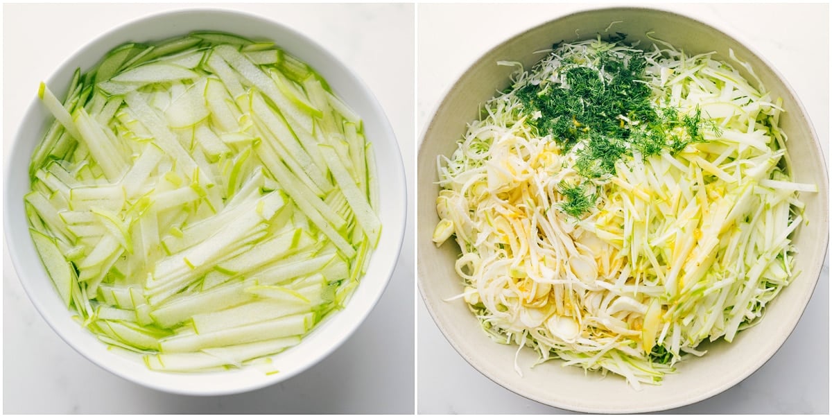 Soaking the apples and then combining all the ingredients for this recipe in a large bowl.