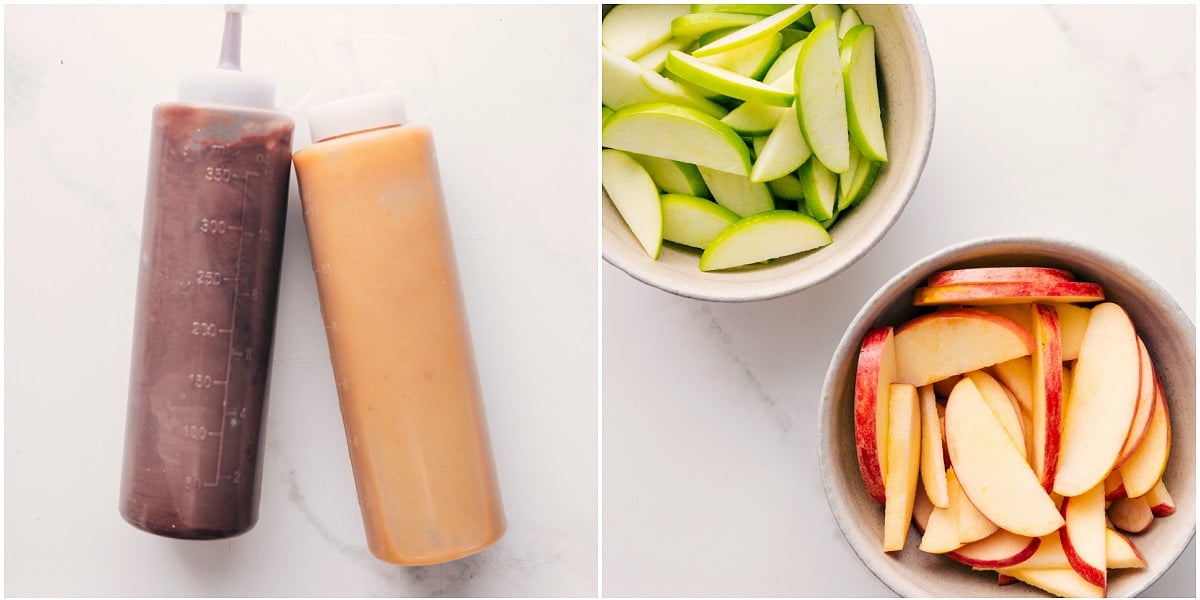 Prepping the chocolate sauce and caramel sauce into squeezable containers and slicing the apples for these apple nachos.
