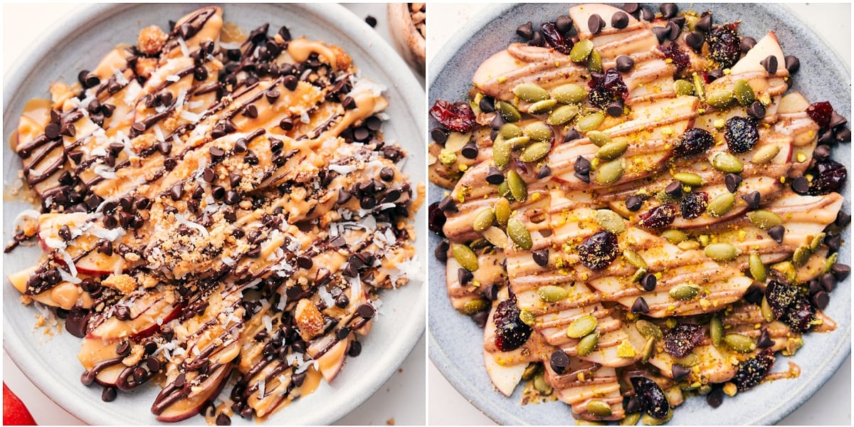 Two topping options: chocolate and caramel, or almond butter, pepitas, and chocolate chips.