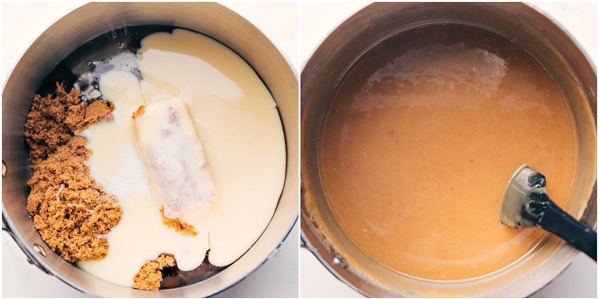 Combining all the ingredients in this easy caramel sauce recipe in a pot and melting together.