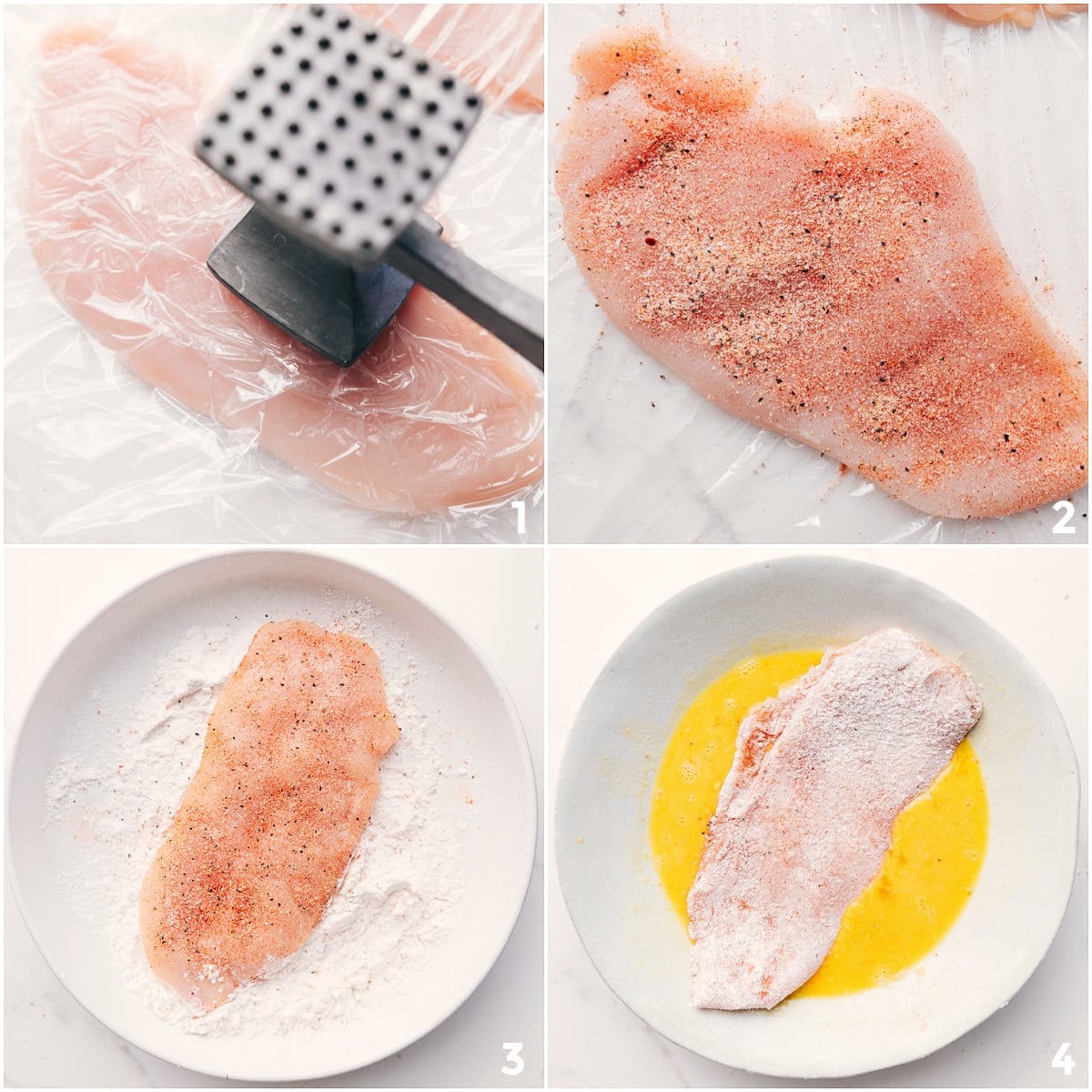 The chicken pounded to an even, thin thickness, then breaded and dipped in egg wash for this Chicken Milanese recipe.