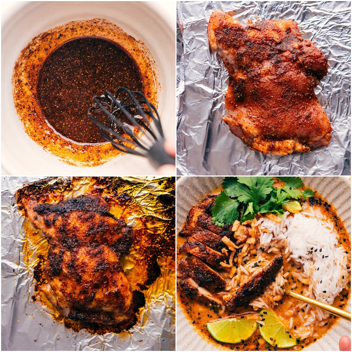 The chicken being seasoned and cooked and then added into the bowls.