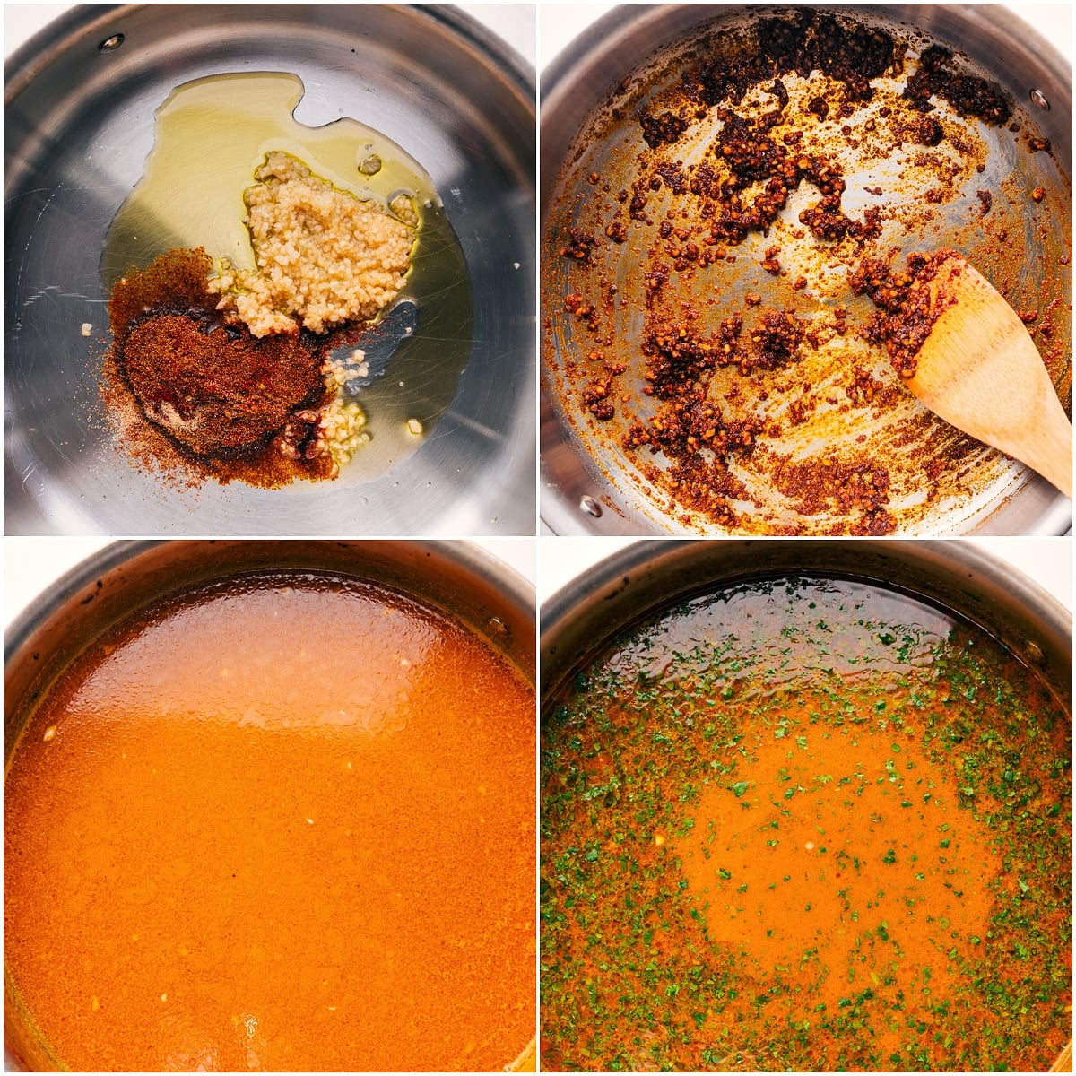 Garlic, ginger, and seasonings being toasted in a pot, then broth added for Chili-Garlic Broth Bowls.