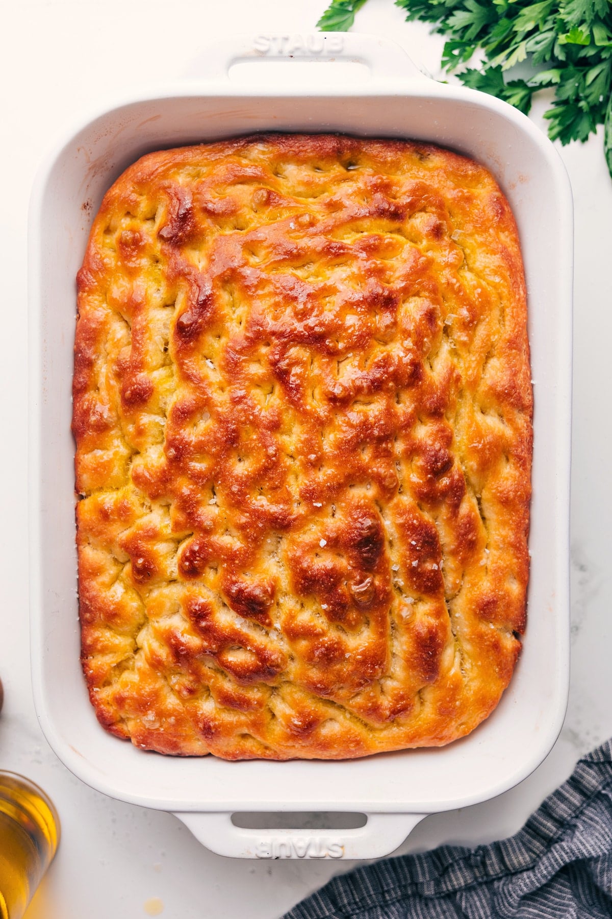 The Best Focaccia Recipe Easy Focaccia Recipe baked in a 9x13-inch pan, ready to serve.