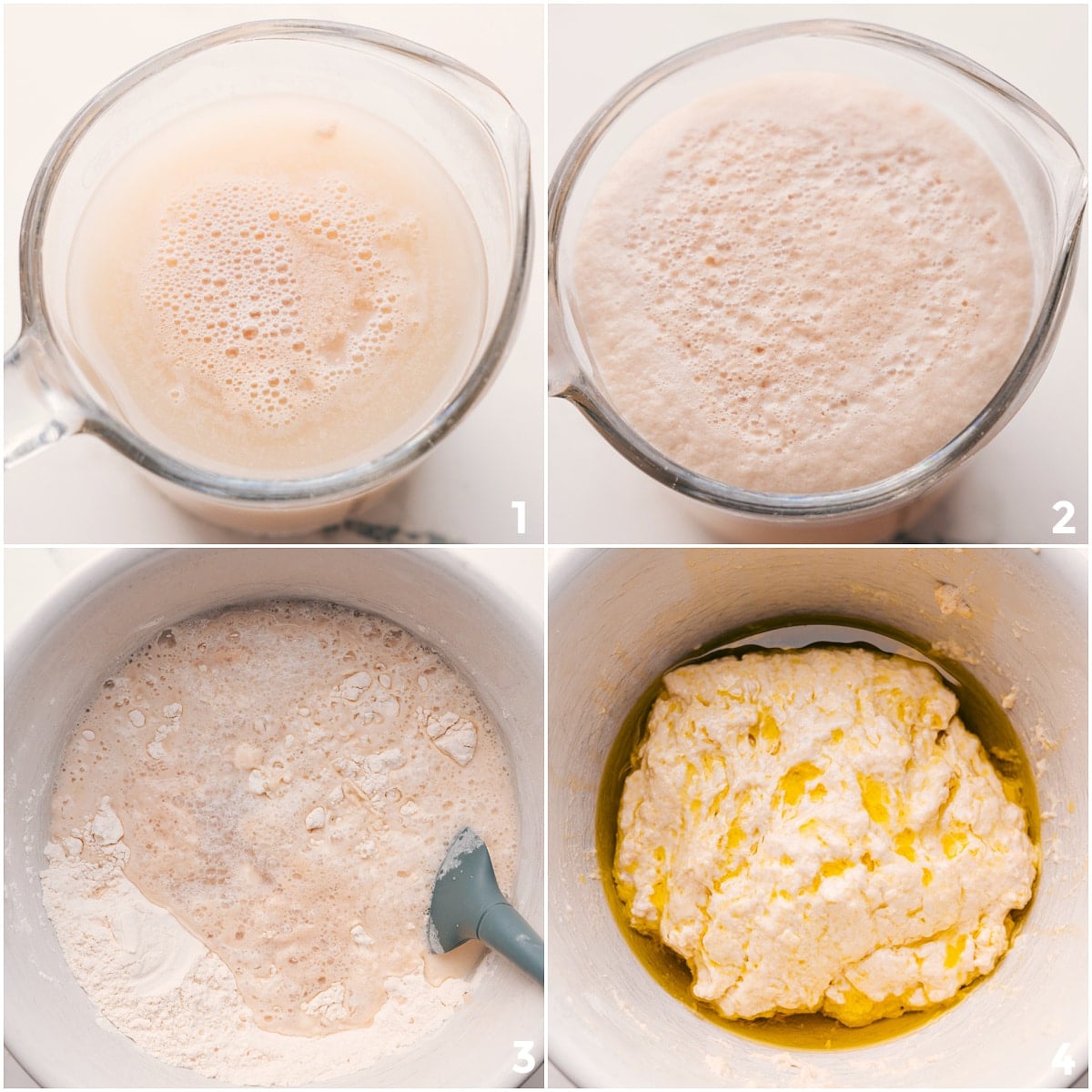 How To Make Focaccia Water, honey, and yeast whisked together and left to foam, then mixed with flour and placed in an oiled bowl for this Easy Focaccia Recipe.