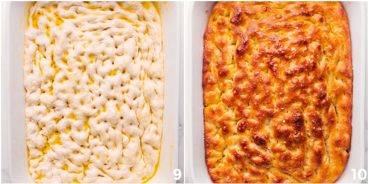 Piercing The Dough To Give It That Traditional Focaccia Look Easy focaccia recipe dough dimpled with fingertips in a pan, then baked until golden brown.