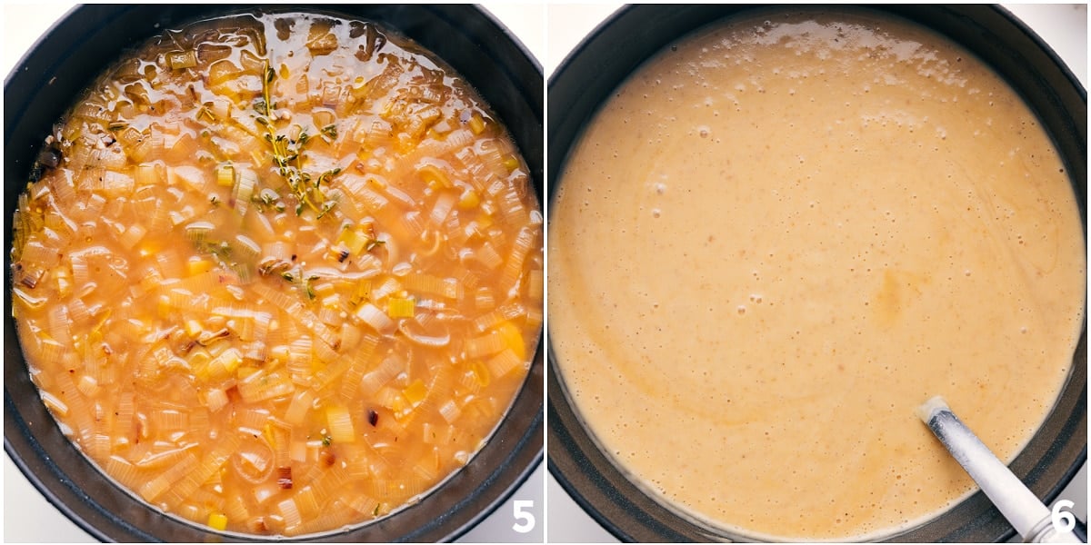 Our favorite Potato Leek Soup combines buttery golden potatoes with fresh leeks in a hearty, thick, and downright delicious soup. Recipe via chelseasmessyapron #dinner #quick #easy #comfortfood #familyfriendly #kidfriendly #vegetarian #potato #leek #soup Blending the recipe and adding it back into the pot for a creamy dish.