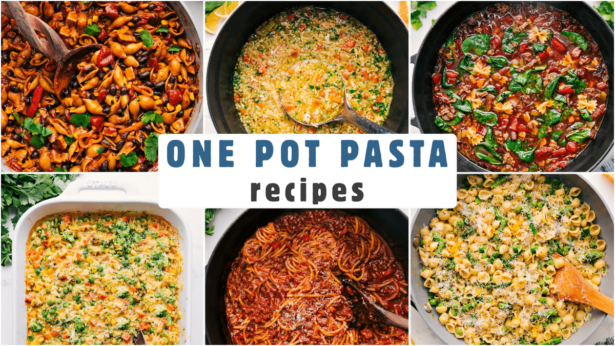 30 Weeknight Pasta Recipes Collage featuring six different one-pot pasta recipes with the post title.