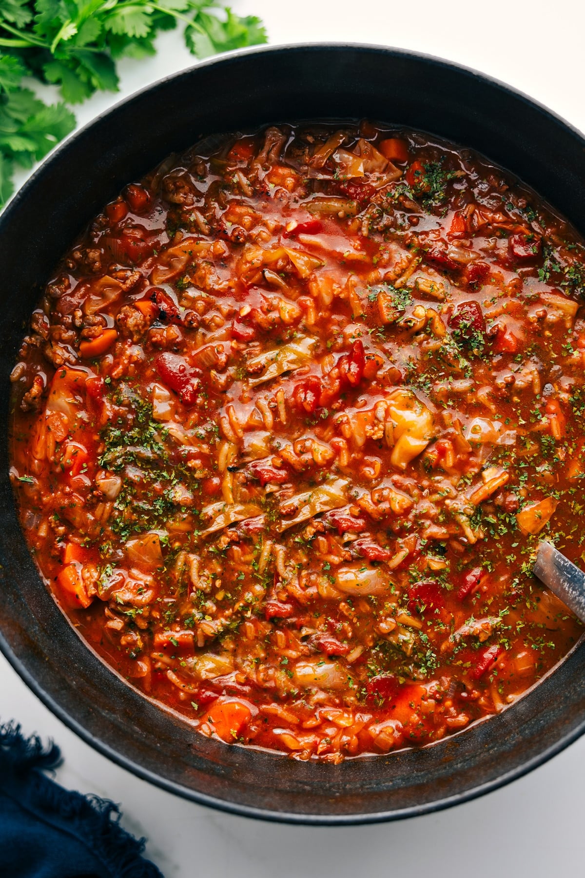 Stuffed cabbage soup in a pot, ready to serve.