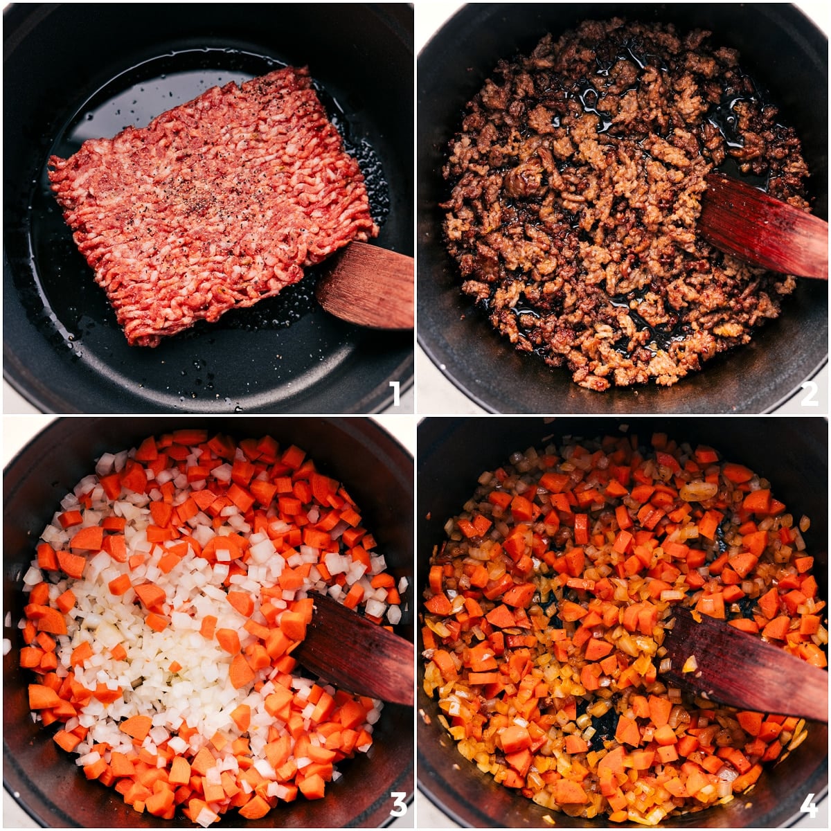 Sausage being browned and vegetables being sautéed for cabbage roll soup.
