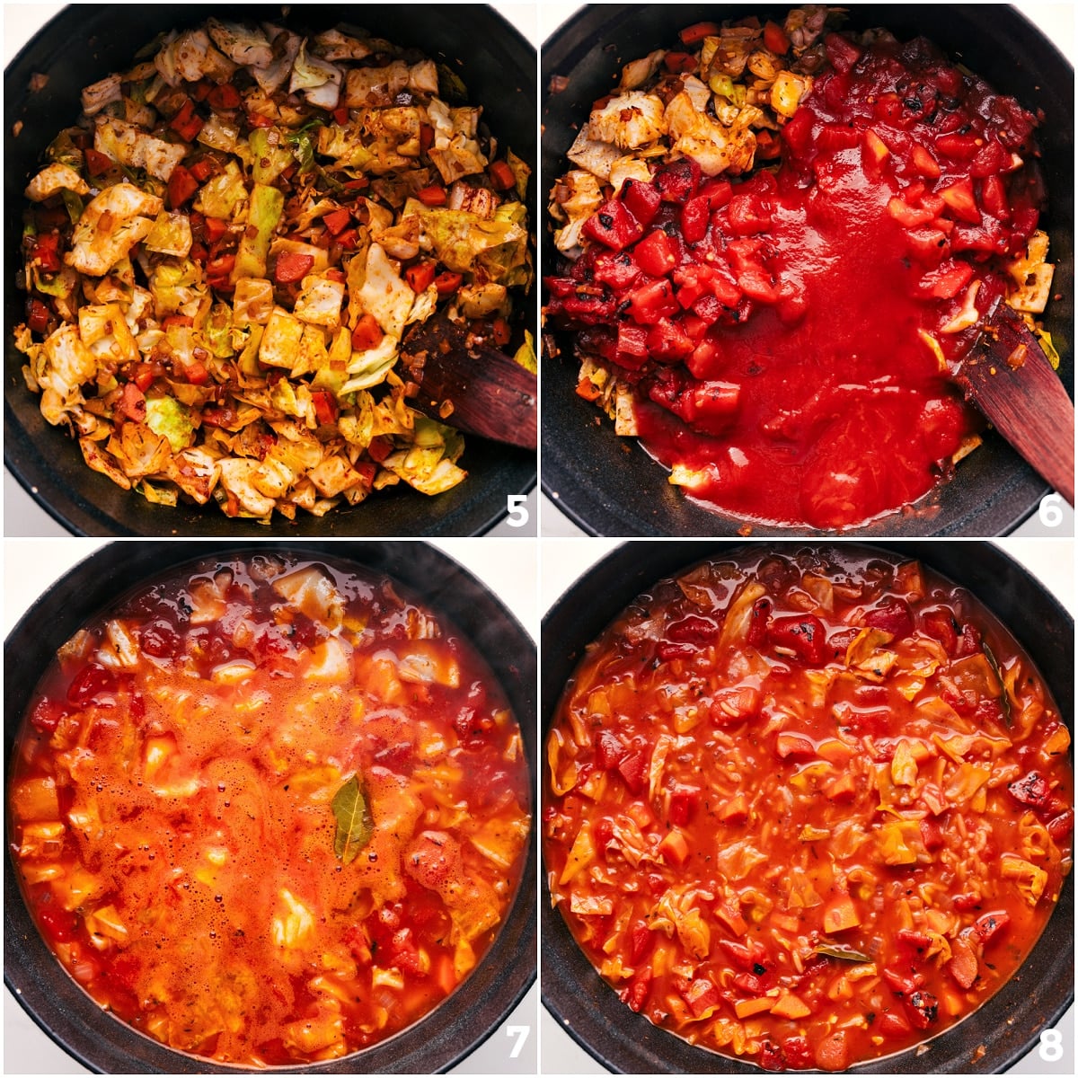 The cabbage and in and then the diced tomatoes and finally the broth and it all cooked together.