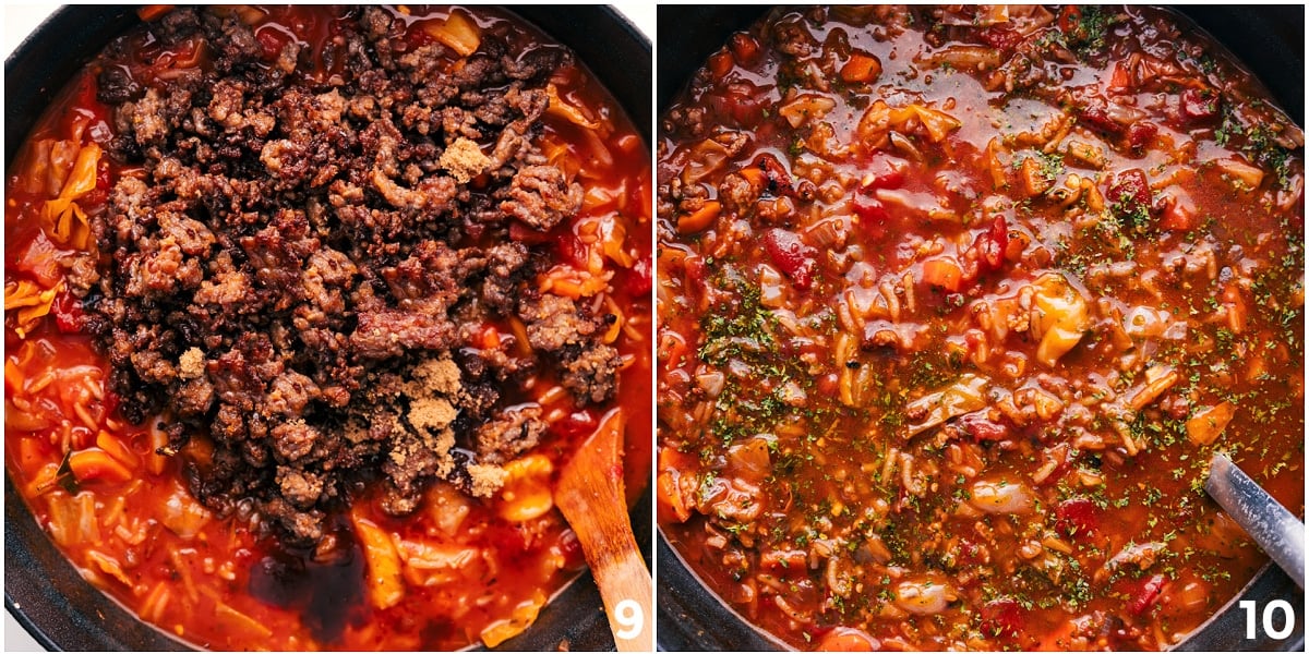 The sausage added back in this stuffed cabbage soup and it all cooked together.