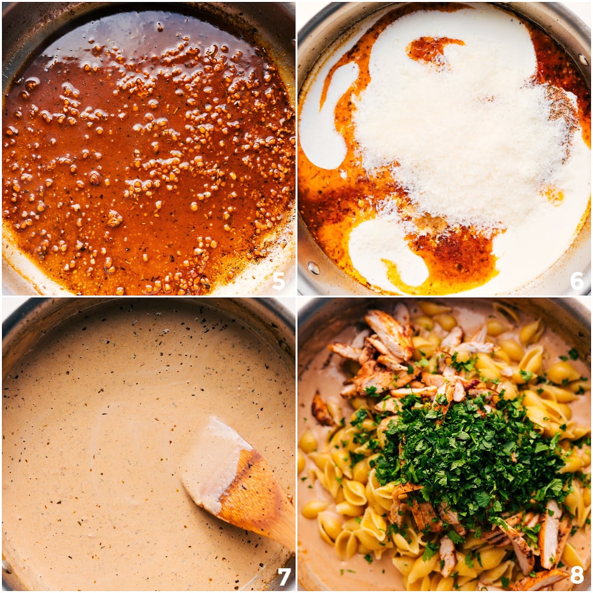 Cream and Parmesan stirred into the sauce, followed by pasta, chicken, and fresh parsley.
