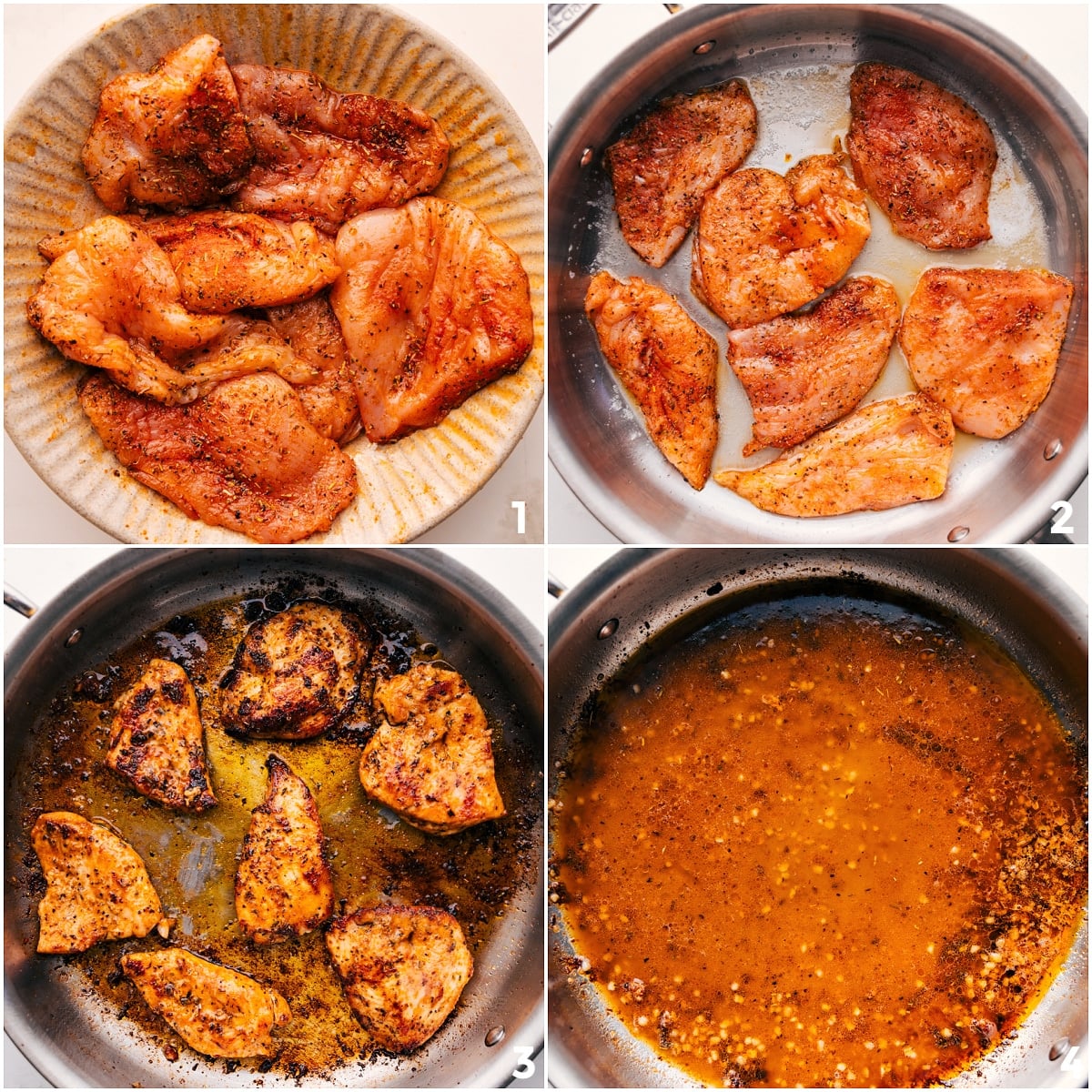 Chicken cooking in a skillet, then removed before adding broth and garlic for creamy chicken pasta.