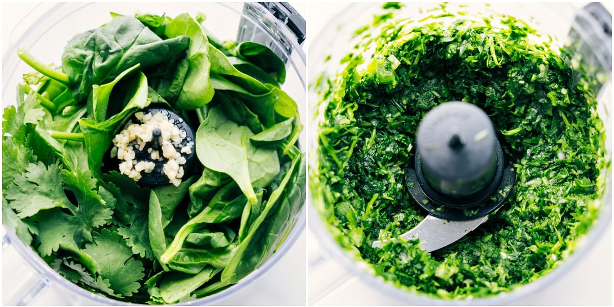 Greens, shallots, jalapeños, and garlic pulsed together in a food processor for this Green Rice Recipe.