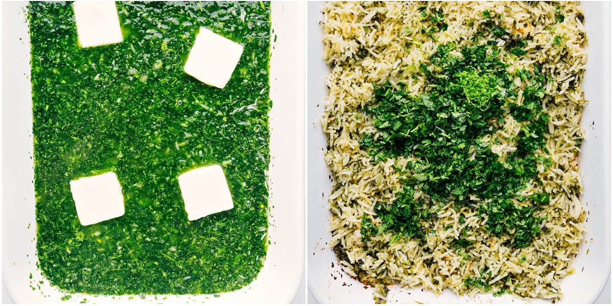 All the ingredients for this Green Rice Recipe combined in a 9x13-inch baking dish and ready to bake.