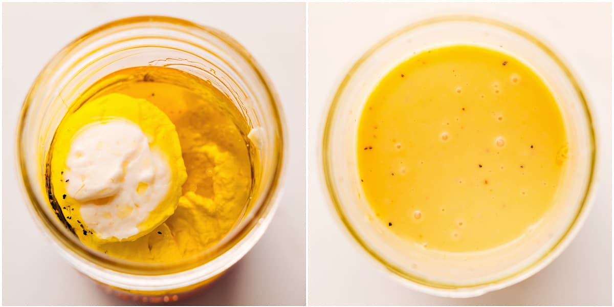 Honey Dijon dressing being mixed together in a mason jar.