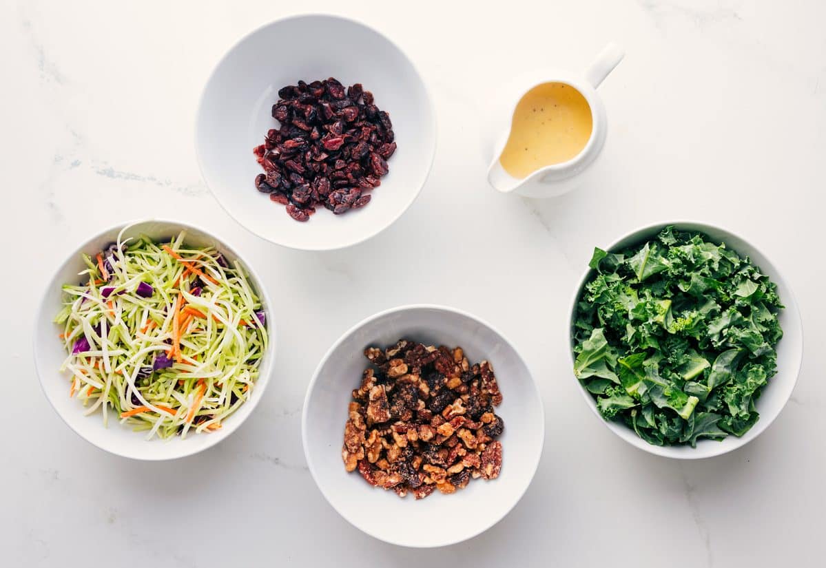 All the ingredients in this recipe prepped out for easy assembly including the slaw, kale, nuts, cranberries, and dressing.