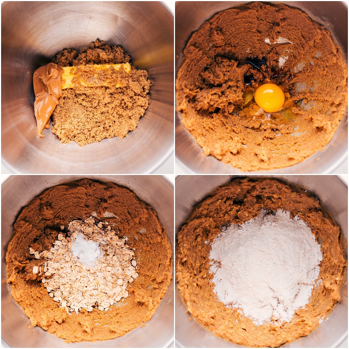 Step-by-step process of making Monster Cookies, from creaming butter, peanut butter, and brown sugar to adding eggs, vanilla, oats, baking soda, salt, and flour.