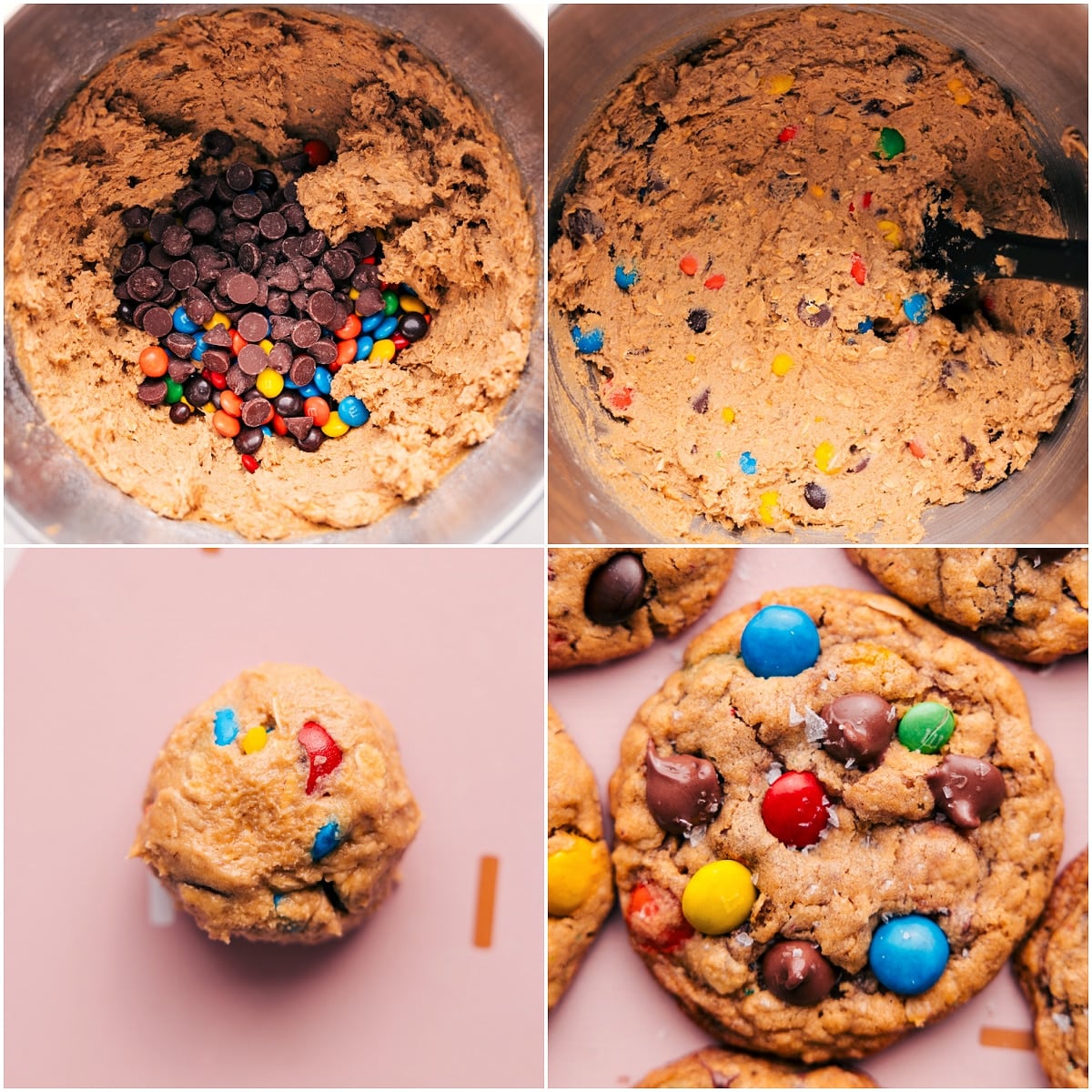 The chocolate chips and M&Ms mixed into the mix and then the cookies rolled out and baked.