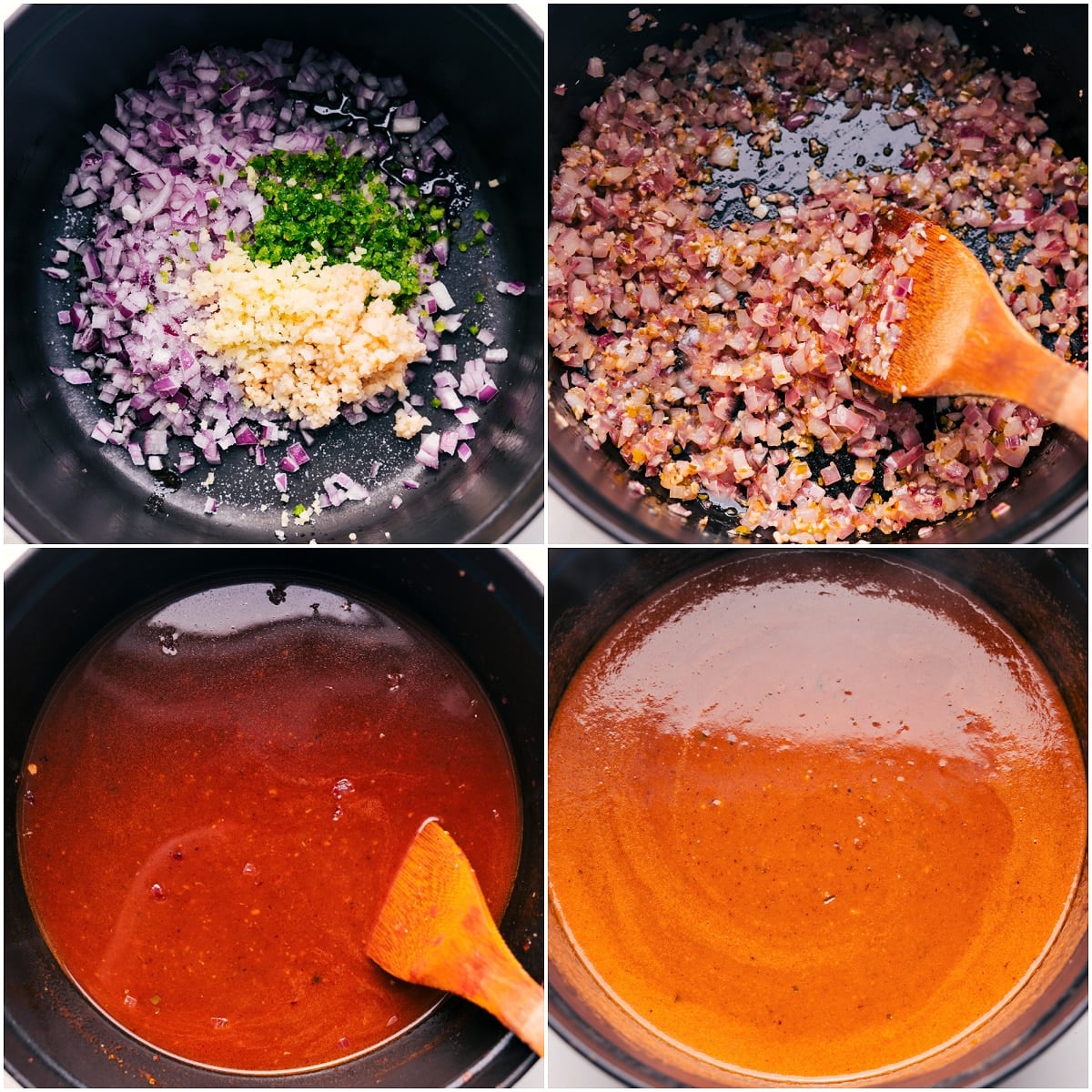Onions, garlic, ginger, and jalapeño sautéed in a pot, followed by the addition of broth, paste, peanut butter, and rice.