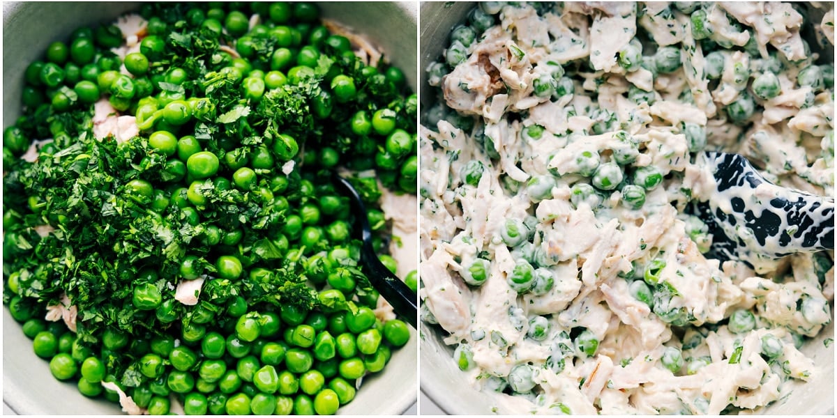 Combining all the ingredients for this recipe in a bowl and tossing it together.