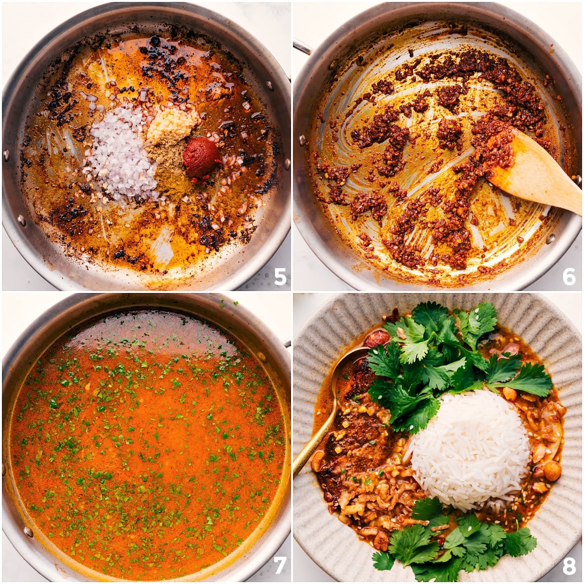 Shallots sautéed with garlic, seasonings, and curry paste, followed by broth being poured into the pot.