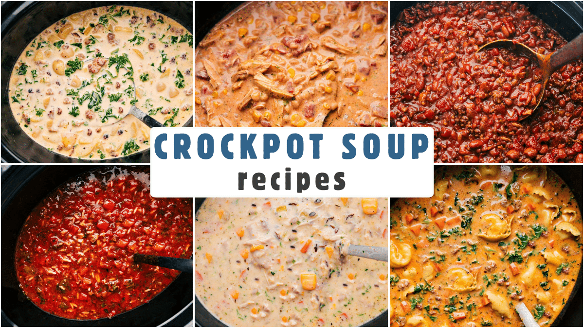 24 Healthy Ground Beef Recipes Crockpot soup recipes collage featuring six hearty soups, stews, and chilis served in bowls.